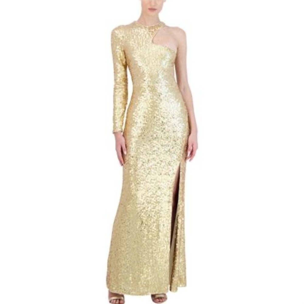 BCBGMAXAZRIA Women's Fit and Flare Floor Length Sequin Evening Gown Gold Sz.L